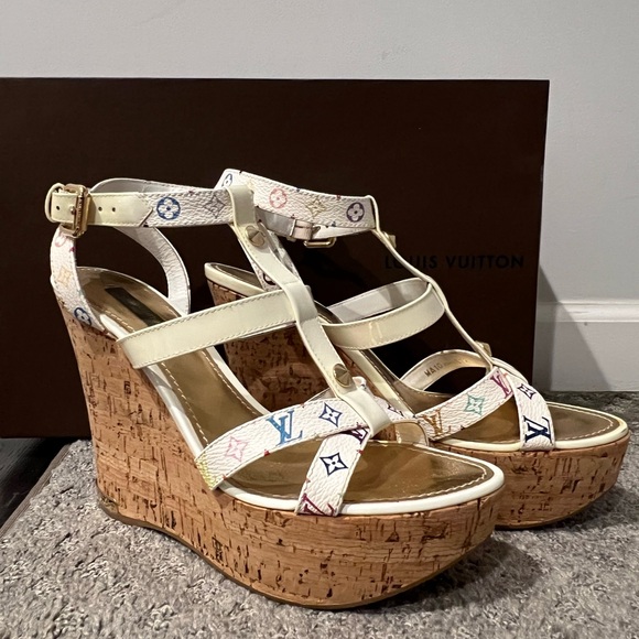 Louis Vuitton multicolor monogram murakami be happy Wedge Sandals sz 7.5 - Picture 1 of 6